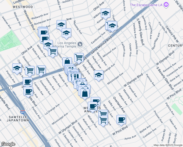 map of restaurants, bars, coffee shops, grocery stores, and more near 1932 Selby Avenue in Los Angeles