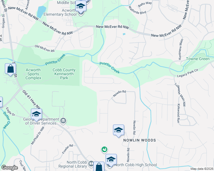 map of restaurants, bars, coffee shops, grocery stores, and more near 3305 McEver Park Circle in Acworth