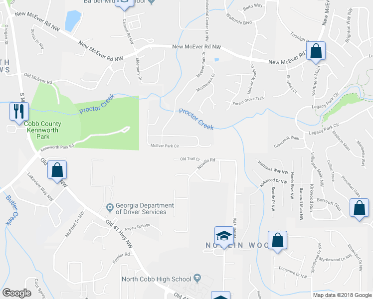 map of restaurants, bars, coffee shops, grocery stores, and more near 3305 McEver Park Circle in Acworth