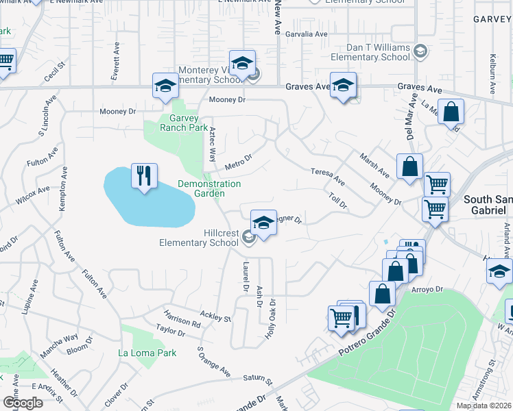map of restaurants, bars, coffee shops, grocery stores, and more near 820 Browning Place in Monterey Park