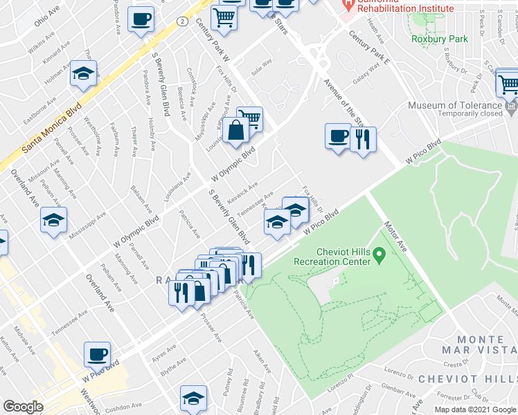 map of restaurants, bars, coffee shops, grocery stores, and more near 10364 Tennessee Avenue in Los Angeles