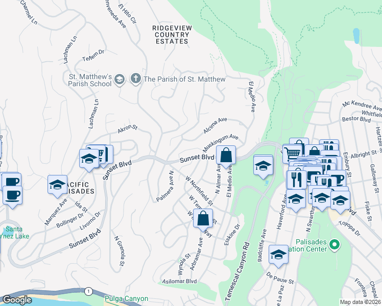 map of restaurants, bars, coffee shops, grocery stores, and more near 16123 Sunset Boulevard in Los Angeles
