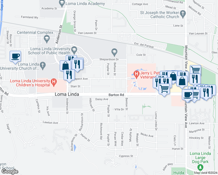 map of restaurants, bars, coffee shops, grocery stores, and more near 25193 Starr Street in Loma Linda