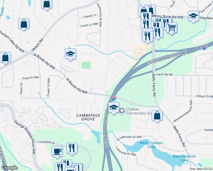 map of restaurants, bars, coffee shops, grocery stores, and more near 4032 Maxanne Drive Northwest in Kennesaw
