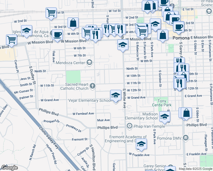 map of restaurants, bars, coffee shops, grocery stores, and more near 1024 West 11th Street in Pomona