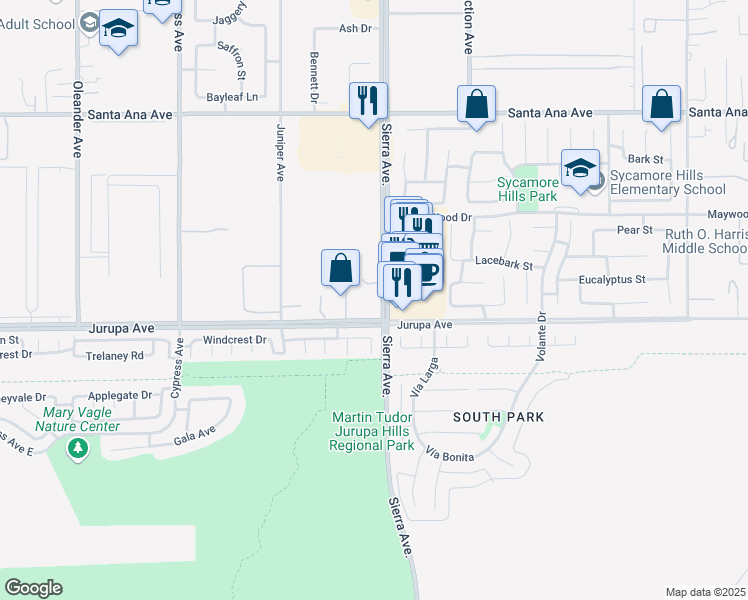 map of restaurants, bars, coffee shops, grocery stores, and more near 11262 Sierra Avenue in Fontana