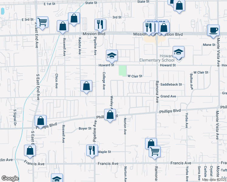 map of restaurants, bars, coffee shops, grocery stores, and more near 4235 Grand Avenue in Pomona