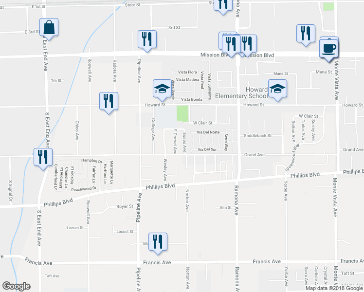 map of restaurants, bars, coffee shops, grocery stores, and more near 11256 Essex Avenue in Pomona