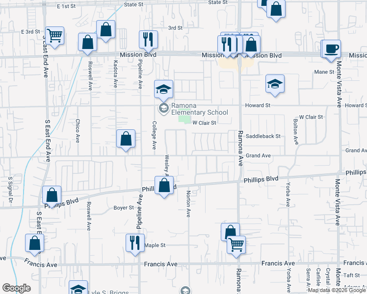 map of restaurants, bars, coffee shops, grocery stores, and more near 11256 Essex Avenue in Pomona