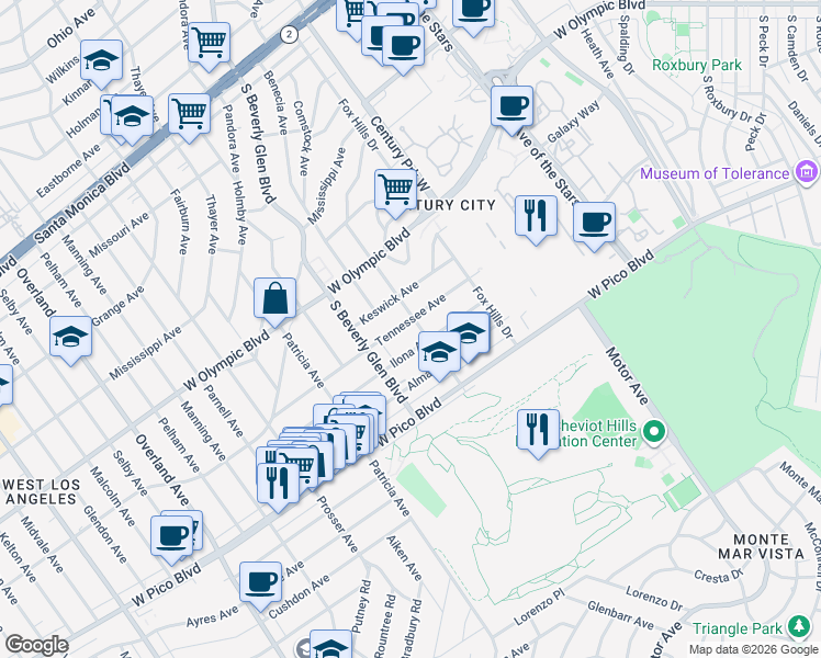 map of restaurants, bars, coffee shops, grocery stores, and more near 10364 Tennessee Avenue in Los Angeles