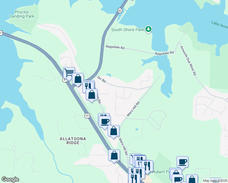 map of restaurants, bars, coffee shops, grocery stores, and more near 3911 Wild Blossom in Acworth