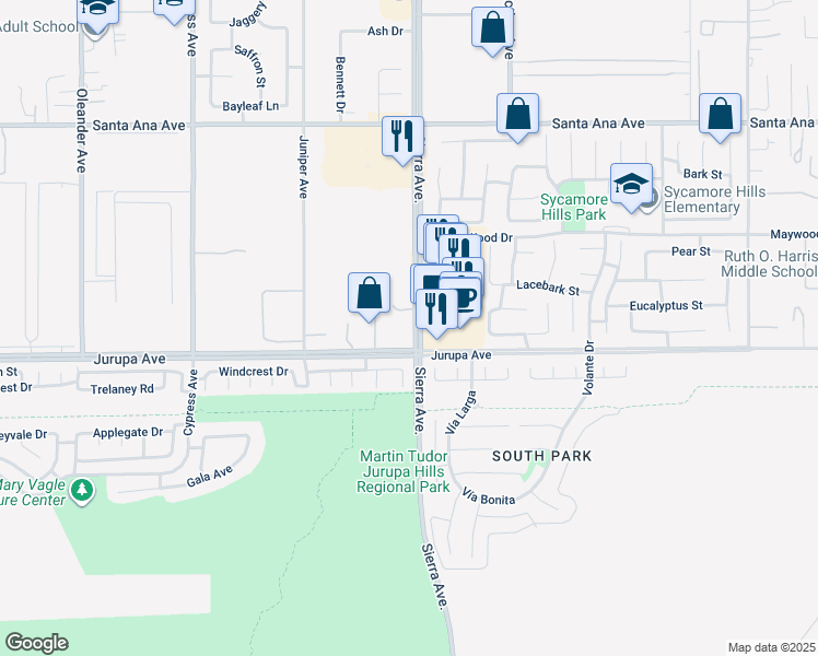 map of restaurants, bars, coffee shops, grocery stores, and more near 11262 Sierra Avenue in Fontana