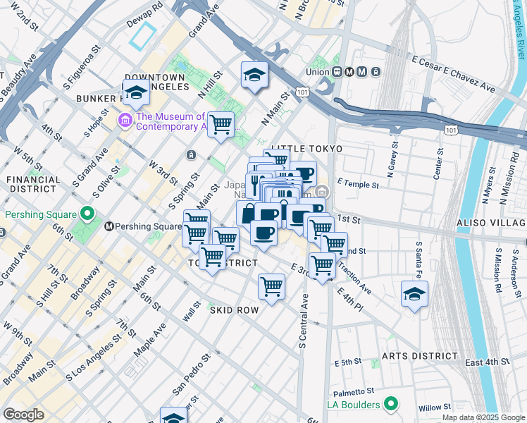 map of restaurants, bars, coffee shops, grocery stores, and more near 312 Azusa Street in Los Angeles