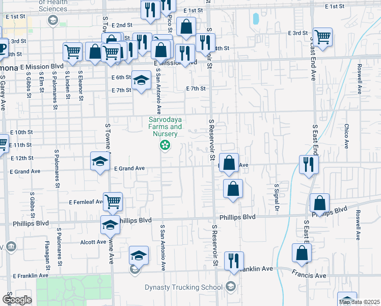 map of restaurants, bars, coffee shops, grocery stores, and more near 1113 East Grand Avenue in Pomona