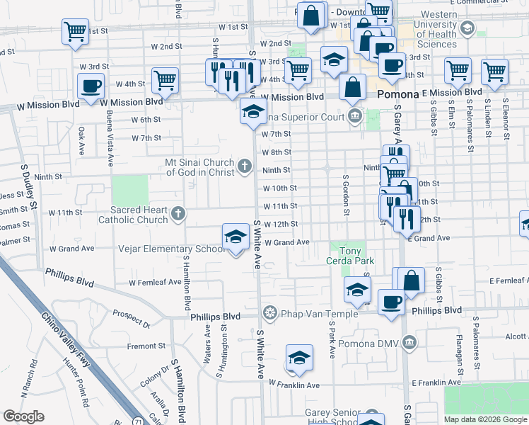 map of restaurants, bars, coffee shops, grocery stores, and more near 818 West 12th Street in Pomona