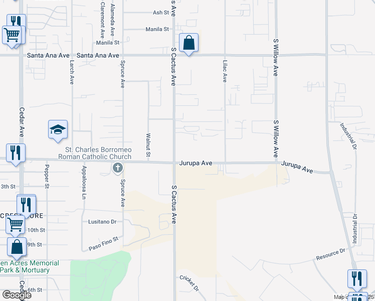 map of restaurants, bars, coffee shops, grocery stores, and more near 19340 Jurupa Avenue in Bloomington