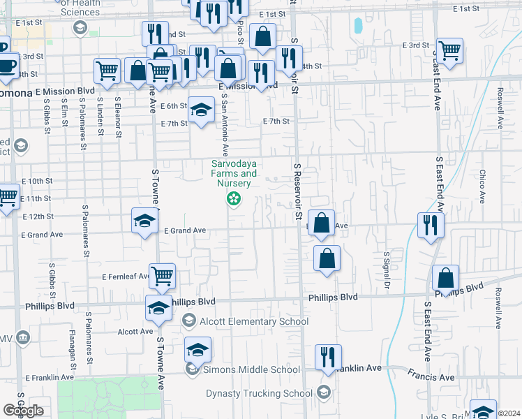 map of restaurants, bars, coffee shops, grocery stores, and more near 1087 East Grand Avenue in Pomona