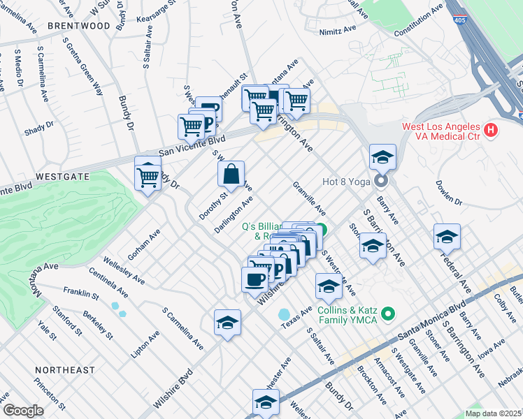 map of restaurants, bars, coffee shops, grocery stores, and more near 11911 Mayfield Avenue in Los Angeles