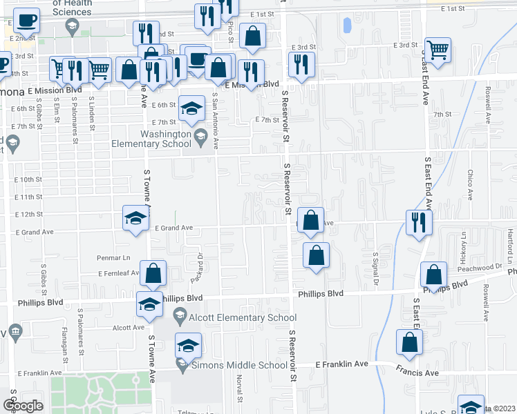map of restaurants, bars, coffee shops, grocery stores, and more near 1121 East Grand Avenue in Pomona