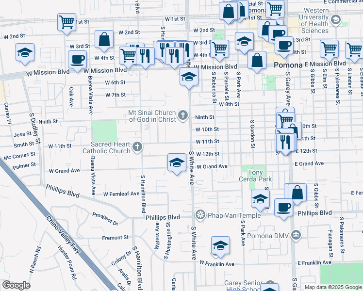 map of restaurants, bars, coffee shops, grocery stores, and more near 934 West 11th Street in Pomona