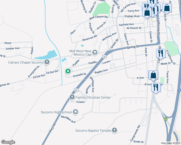 map of restaurants, bars, coffee shops, grocery stores, and more near Michigan Ave in Socorro