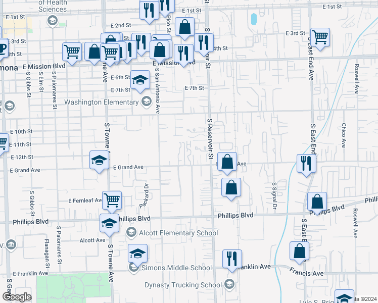 map of restaurants, bars, coffee shops, grocery stores, and more near 1141 East Grand Avenue in Pomona
