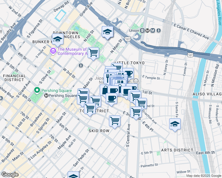 map of restaurants, bars, coffee shops, grocery stores, and more near 312 Azusa Street in Los Angeles