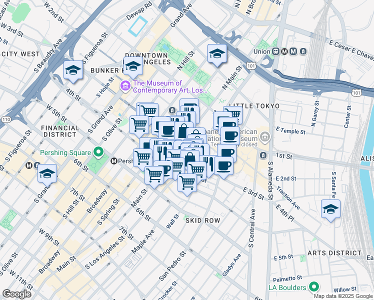 map of restaurants, bars, coffee shops, grocery stores, and more near 301 South Los Angeles Street in Los Angeles
