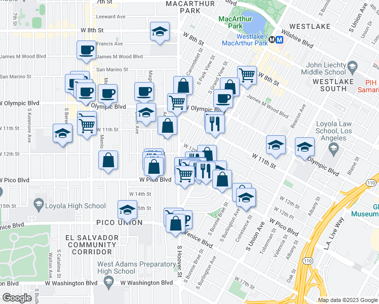 map of restaurants, bars, coffee shops, grocery stores, and more near 1240 Hoover Street in Los Angeles