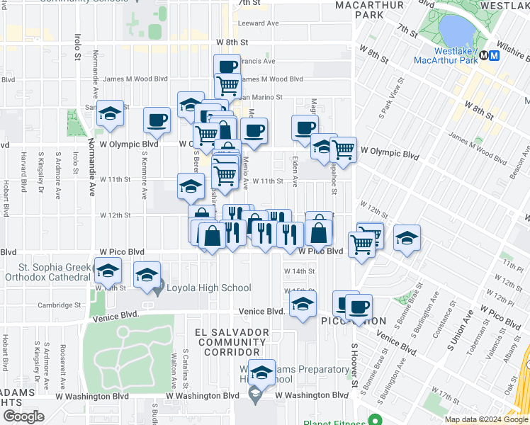 map of restaurants, bars, coffee shops, grocery stores, and more near 1220 Menlo Avenue in Los Angeles