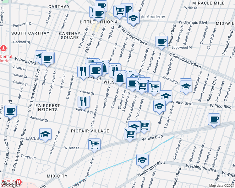 map of restaurants, bars, coffee shops, grocery stores, and more near 1503 South Stanley Avenue in Los Angeles