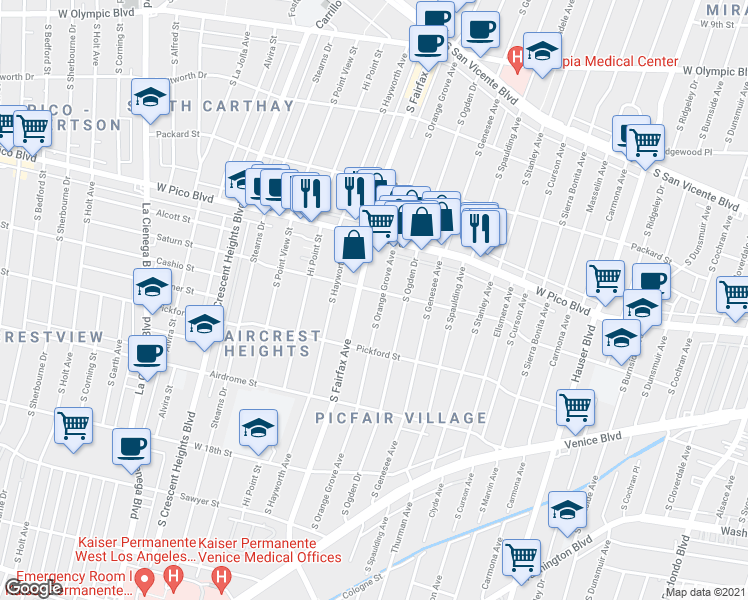 map of restaurants, bars, coffee shops, grocery stores, and more near 1537 South Orange Grove Avenue in Los Angeles