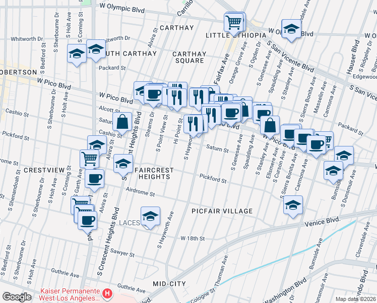 map of restaurants, bars, coffee shops, grocery stores, and more near 1520 South Hayworth Avenue in Los Angeles
