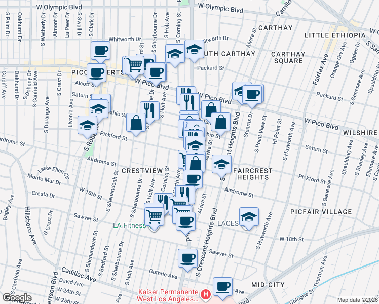 map of restaurants, bars, coffee shops, grocery stores, and more near 1620 South Garth Avenue in Los Angeles