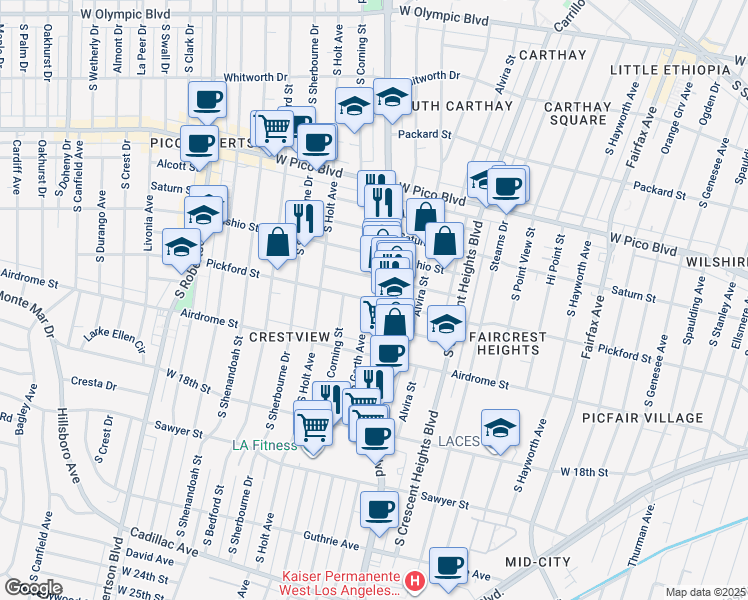 map of restaurants, bars, coffee shops, grocery stores, and more near 1620 South Garth Avenue in Los Angeles