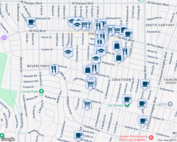 map of restaurants, bars, coffee shops, grocery stores, and more near in Los Angeles