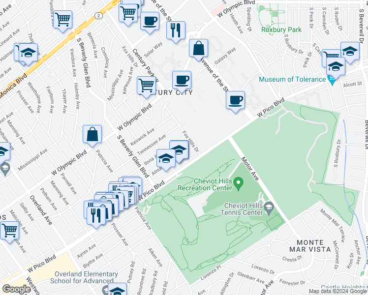 map of restaurants, bars, coffee shops, grocery stores, and more near 10320 Almayo Avenue in Los Angeles