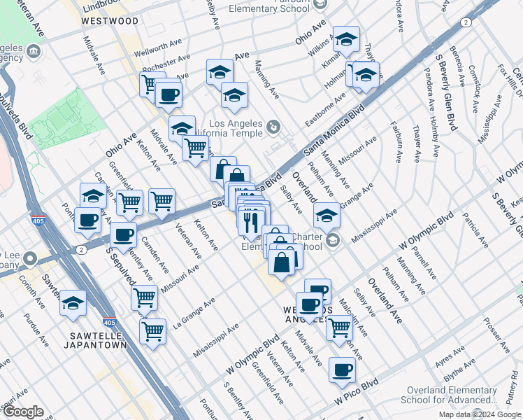 map of restaurants, bars, coffee shops, grocery stores, and more near 1912 Glendon Avenue in Los Angeles
