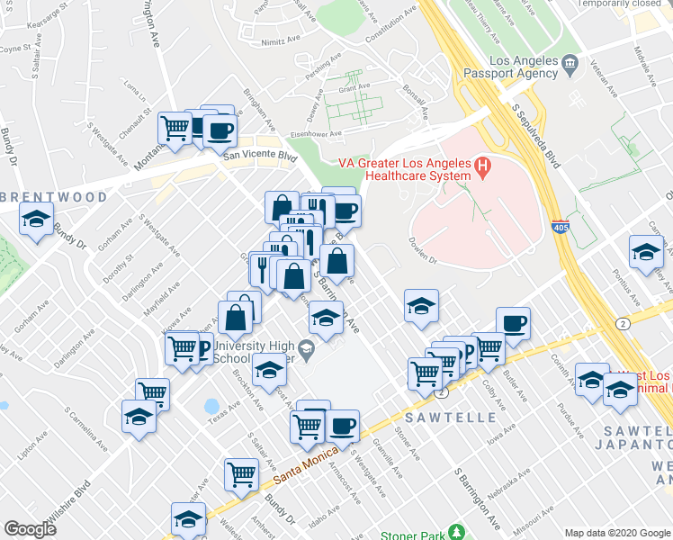 map of restaurants, bars, coffee shops, grocery stores, and more near 1242 South Barrington Avenue in Los Angeles