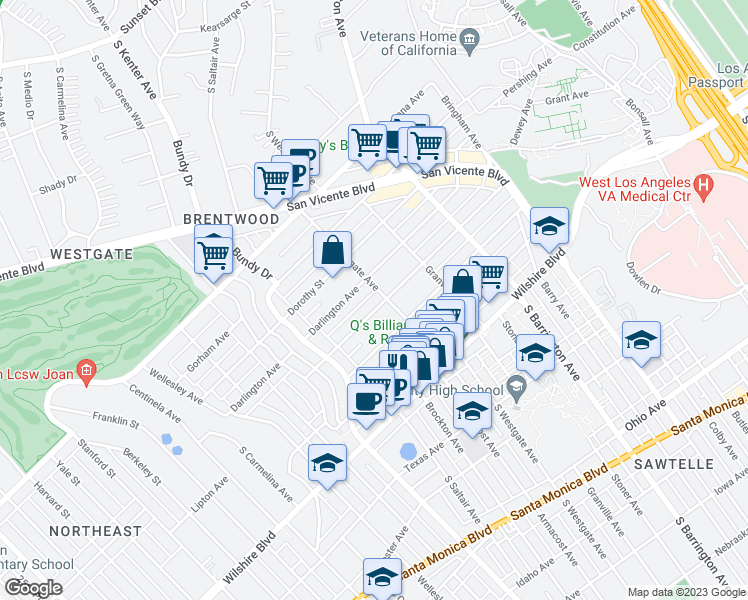 map of restaurants, bars, coffee shops, grocery stores, and more near 11924 Mayfield Avenue in Los Angeles
