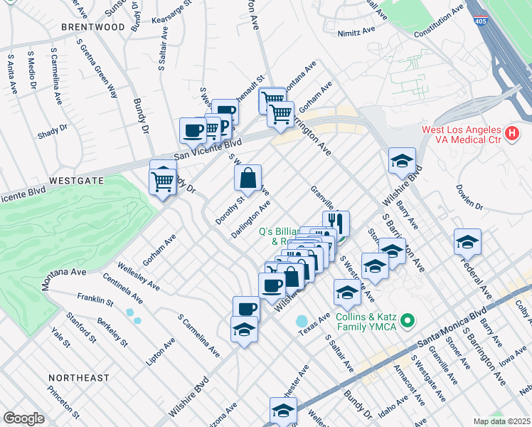 map of restaurants, bars, coffee shops, grocery stores, and more near 11956 Darlington Avenue in Los Angeles