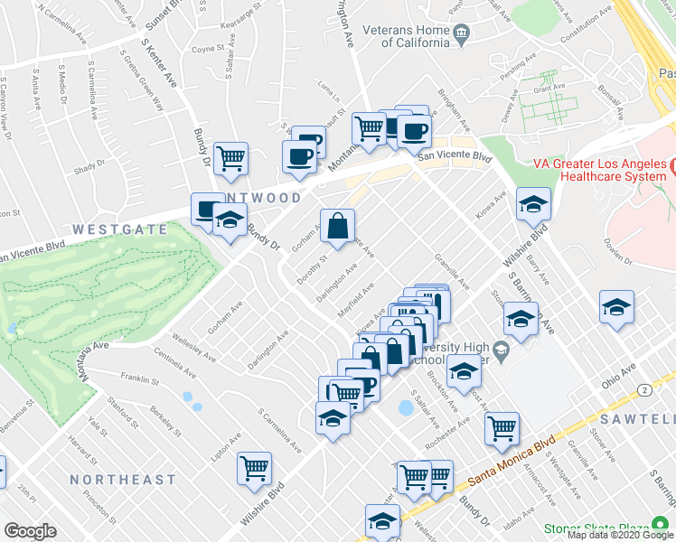 map of restaurants, bars, coffee shops, grocery stores, and more near 11956 Darlington Avenue in Los Angeles
