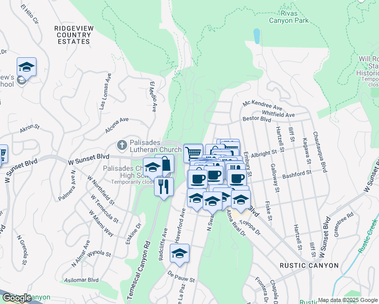 map of restaurants, bars, coffee shops, grocery stores, and more near 15510 Sunset Boulevard in Los Angeles