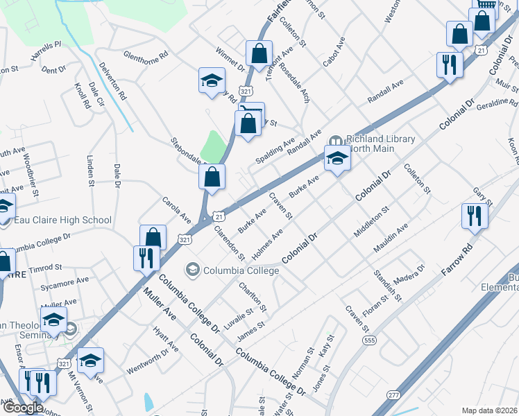 map of restaurants, bars, coffee shops, grocery stores, and more near 5000 Burke Avenue in Columbia