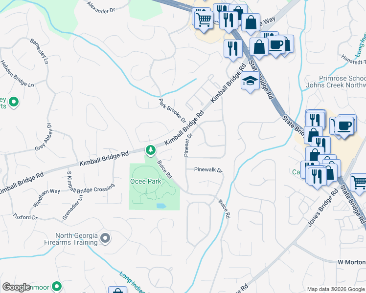 map of restaurants, bars, coffee shops, grocery stores, and more near 4170 Pineset Drive in Alpharetta