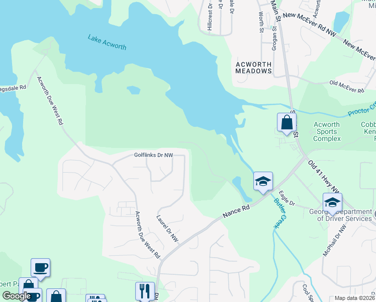map of restaurants, bars, coffee shops, grocery stores, and more near 3951 Golflinks Drive Northwest in Acworth