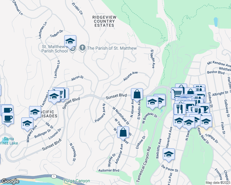 map of restaurants, bars, coffee shops, grocery stores, and more near 16123 Sunset Boulevard in Los Angeles
