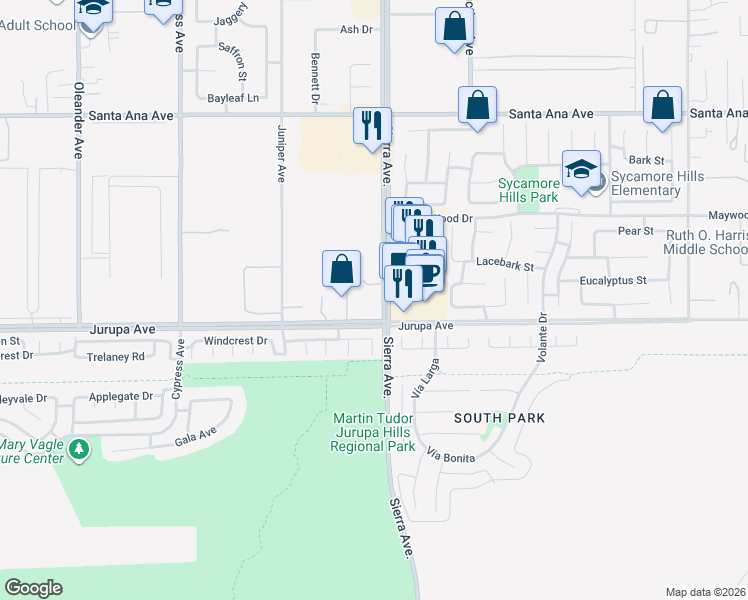 map of restaurants, bars, coffee shops, grocery stores, and more near 11262 Sierra Avenue in Fontana