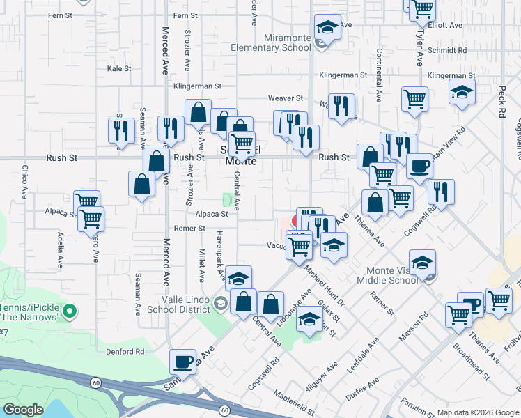map of restaurants, bars, coffee shops, grocery stores, and more near 10361 Vacco Street in South El Monte