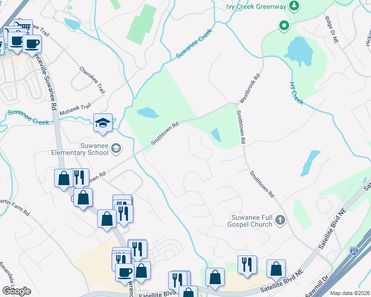 map of restaurants, bars, coffee shops, grocery stores, and more near 3760 Ansley Park Drive in Suwanee
